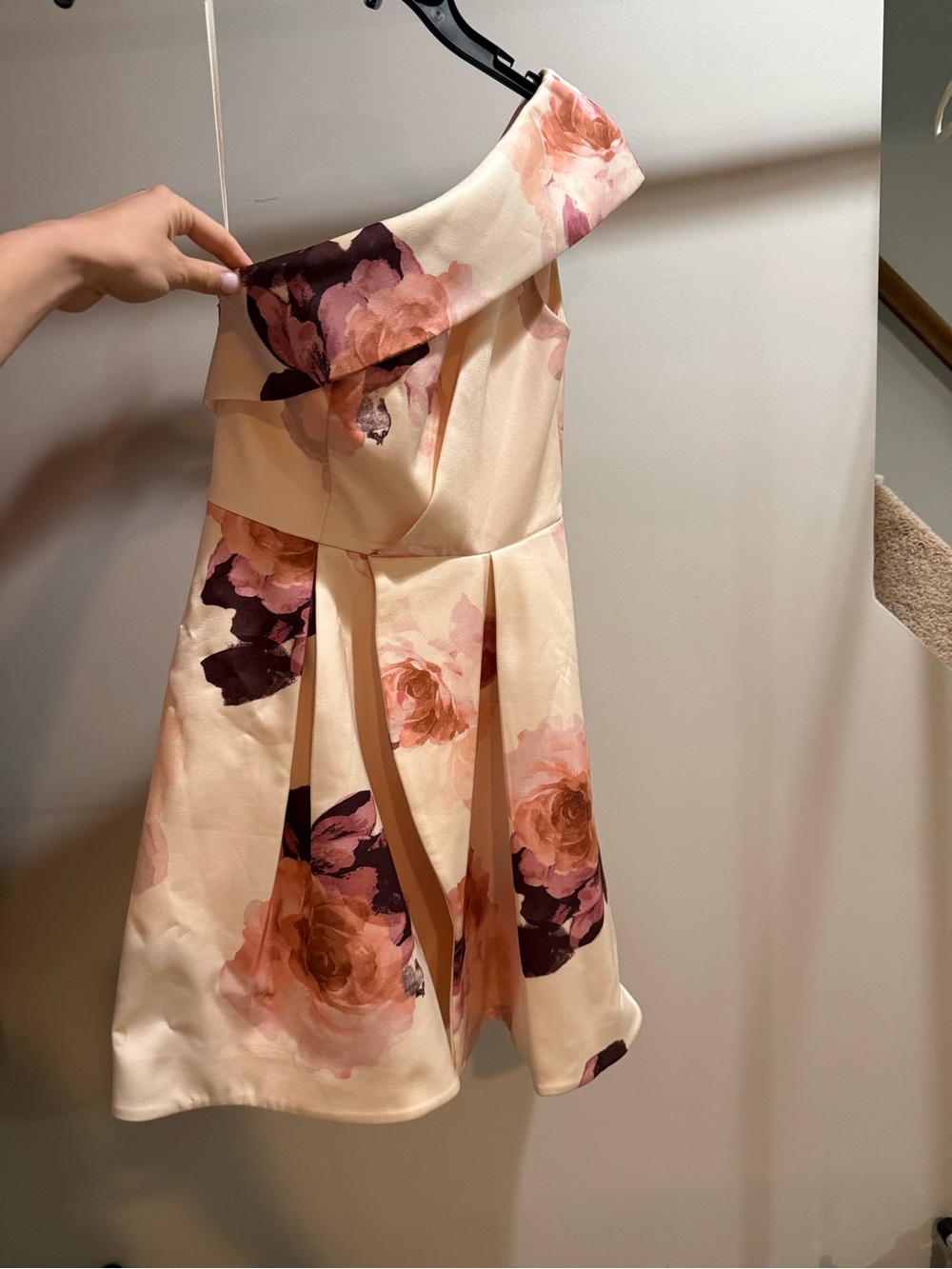 One-Shoulder Floral Fit & Flare Dress - Cream with Pink Rose Print